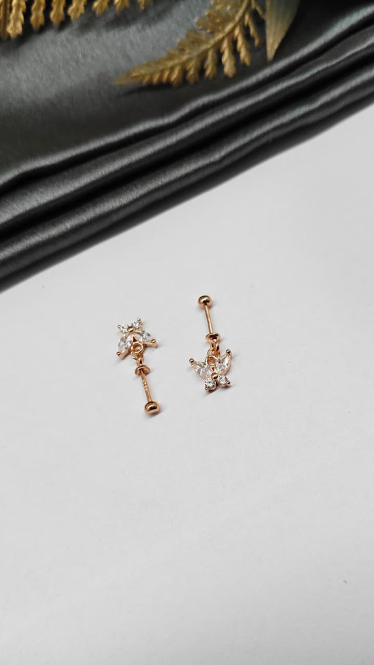 925 Silver Rose Gold Hanging Butterfly Design With White Stone Bugadi Earrings