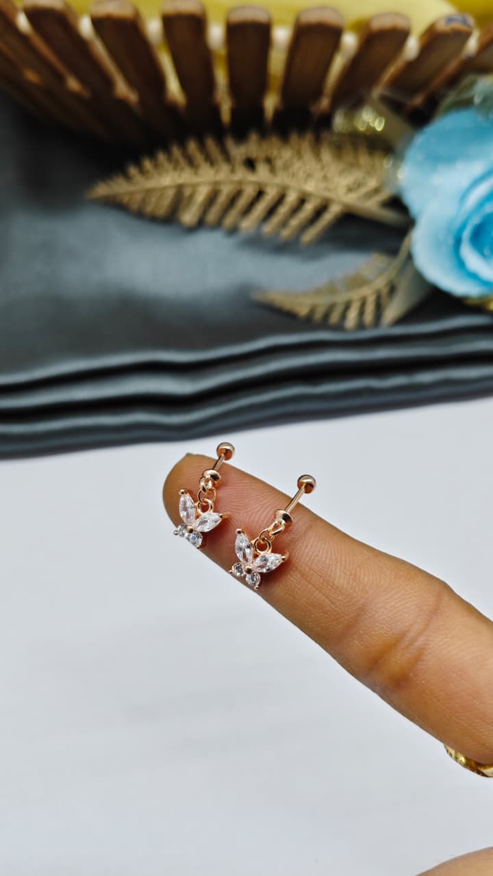 925 Silver Rose Gold Hanging Butterfly Design With White Stone Bugadi Earrings