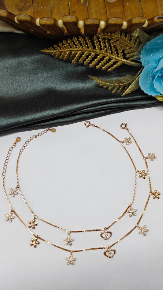 925 Silver Rose Gold Colour Crown And Flower Hanging Design With White Stone Anklets