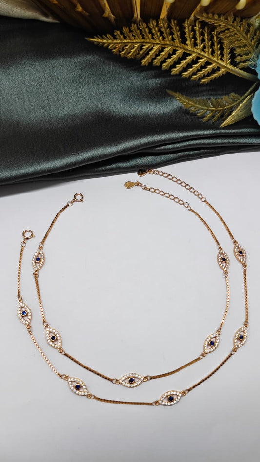 925 Silver Rose Gold Colour 5 Evil Eye Design With White Stone Anklets