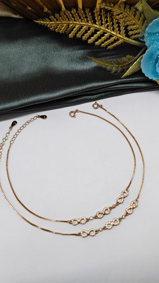 925 Silver Rose Gold Colour 3 Infinity Design With White Stone Anklets