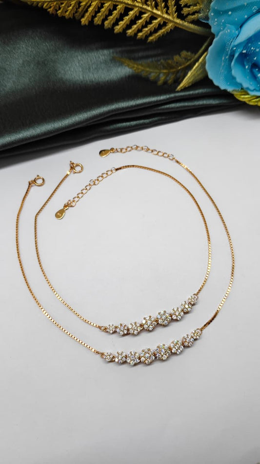 925 Silver Rose Gold Colour Multiple White Stone Design Anklets