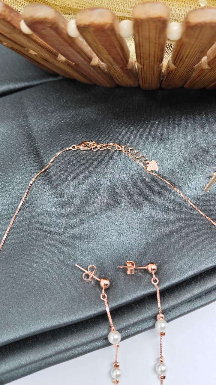 925 Silver Rose Gold Colour Pearl Design Set With Earring