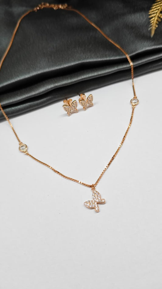 925 Silver Rose Gold Colour Single Hanging Butterfly Design Set With Earring