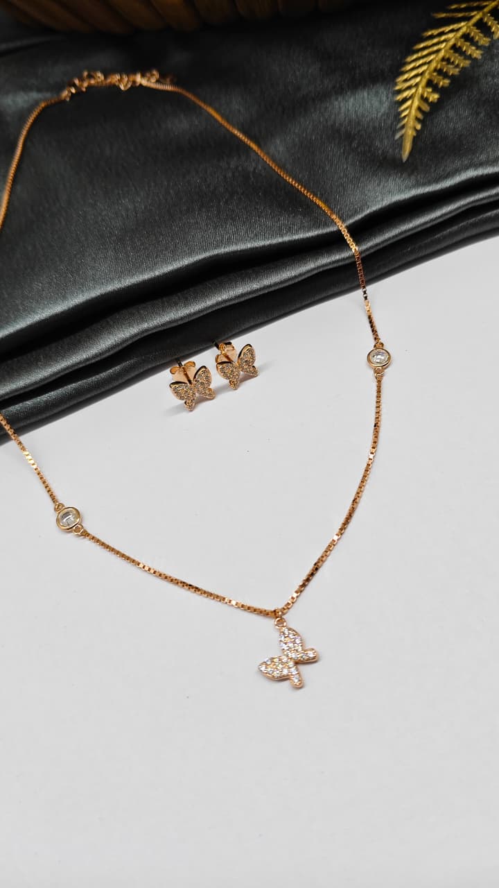 925 Silver Rose Gold Colour Single Hanging Butterfly Design Set With Earring