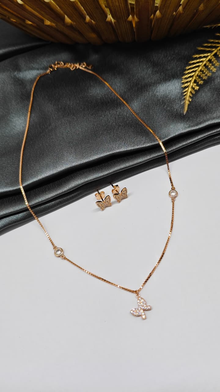 925 Silver Rose Gold Colour Single Hanging Butterfly Design Set With Earring