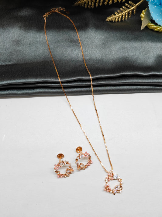 925 Silver Rose Gold Colour Pink Enamel Design White Stone Set With Earring