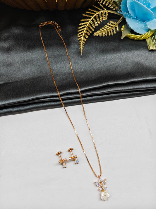 925 Silver Rose Gold Colour MOP Flower Design Stone Set With Earring