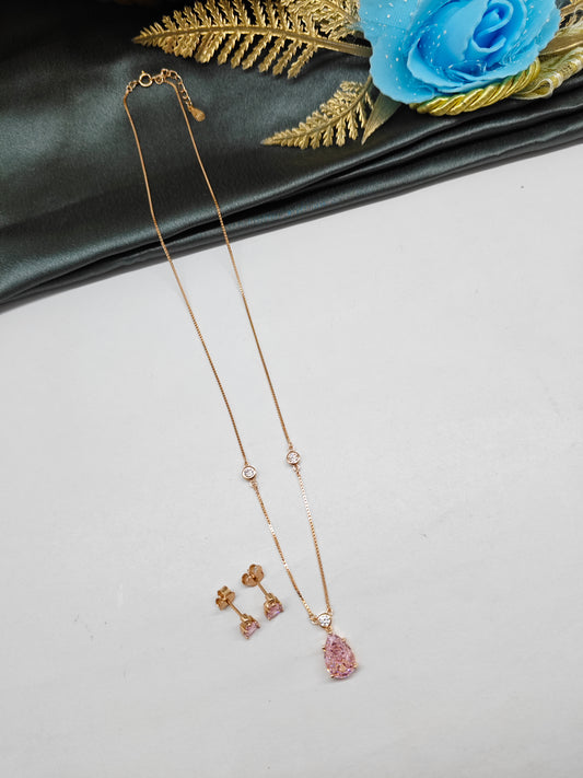 925 Silver Rose Gold Colour Pink Solitaire Design Stone Set With Earring