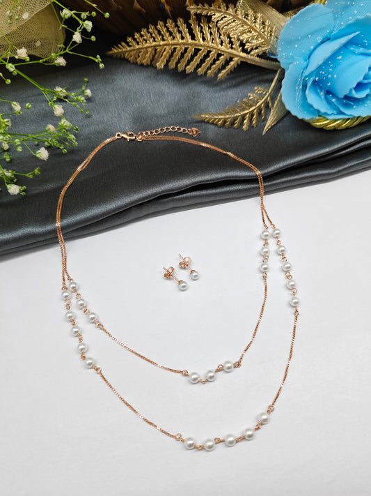 925 Silver Rose Gold Colour Double Layer Pearl Design Set With Earring