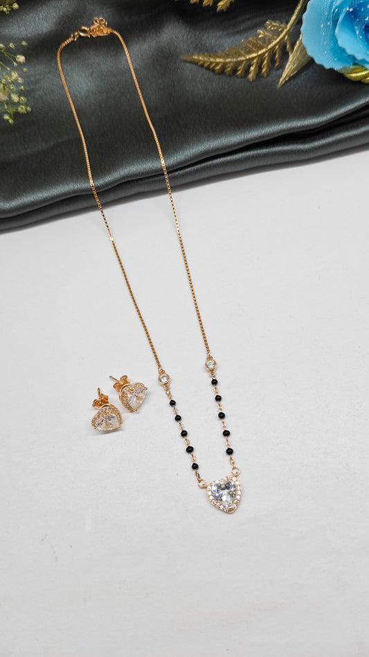 925 Silver Rose Gold Colour Mangal sutra Black Beads With Heart Design White Stone Necklace Set