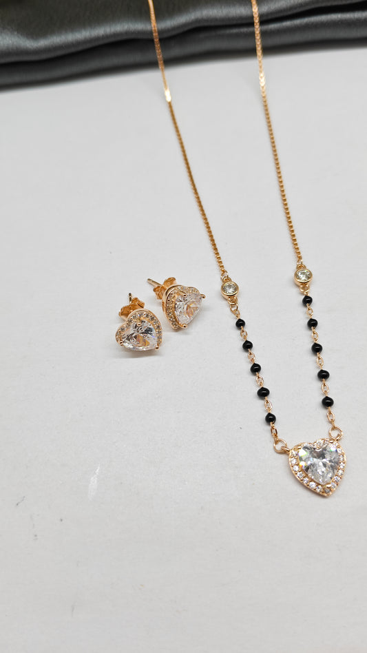 925 Silver Rose Gold Colour Mangal sutra Black Beads With Heart Design White Stone Necklace Set