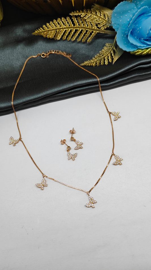 925 Silver Rose Gold Colour 5 Butterfly Hanging Design Stone Necklace Set