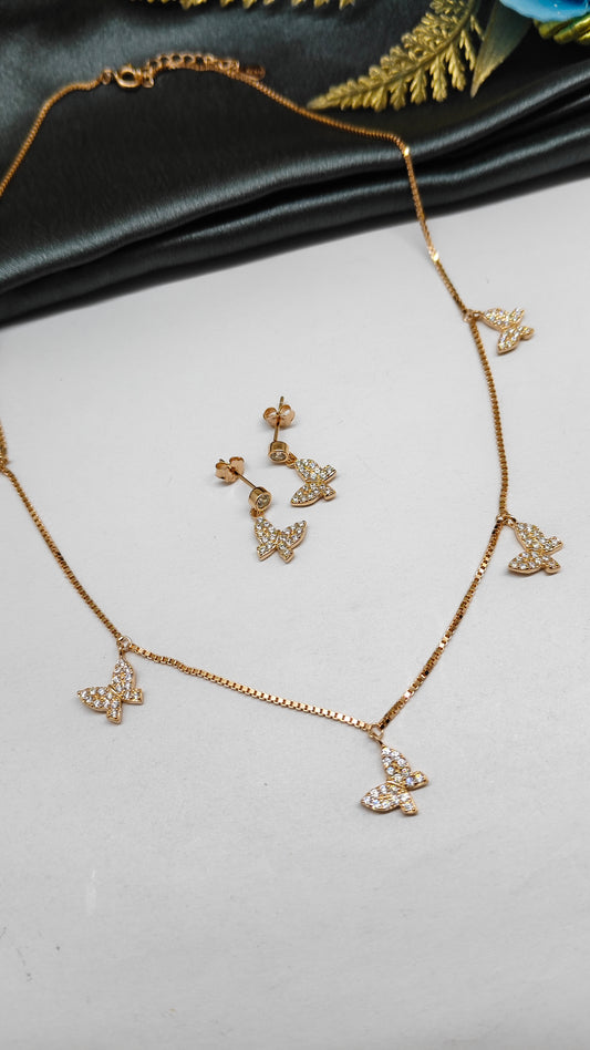 925 Silver Rose Gold Colour 5 Butterfly Hanging Design Stone Necklace Set