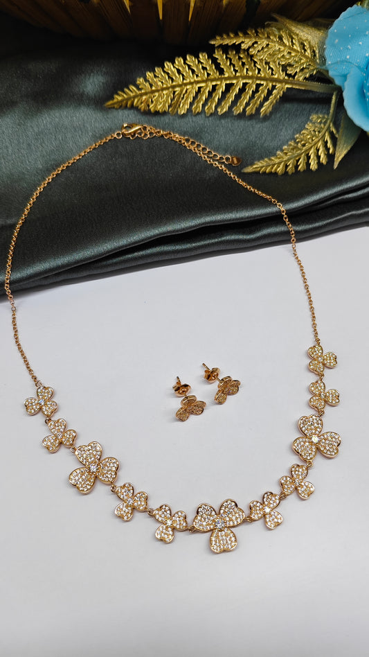 925 Silver Rose Gold Colour Flower Design White Stone Necklace Set