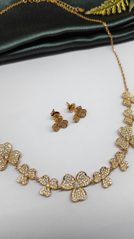 925 Silver Rose Gold Colour Flower Design White Stone Necklace Set
