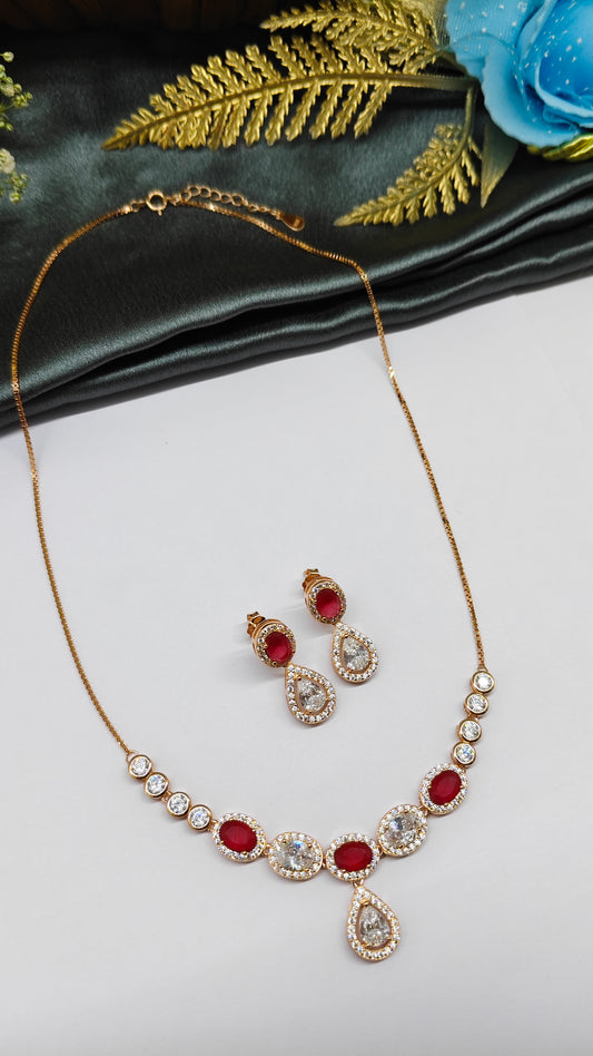 925 Silver Rose Gold Colour Red With White Stone Design Necklace Set