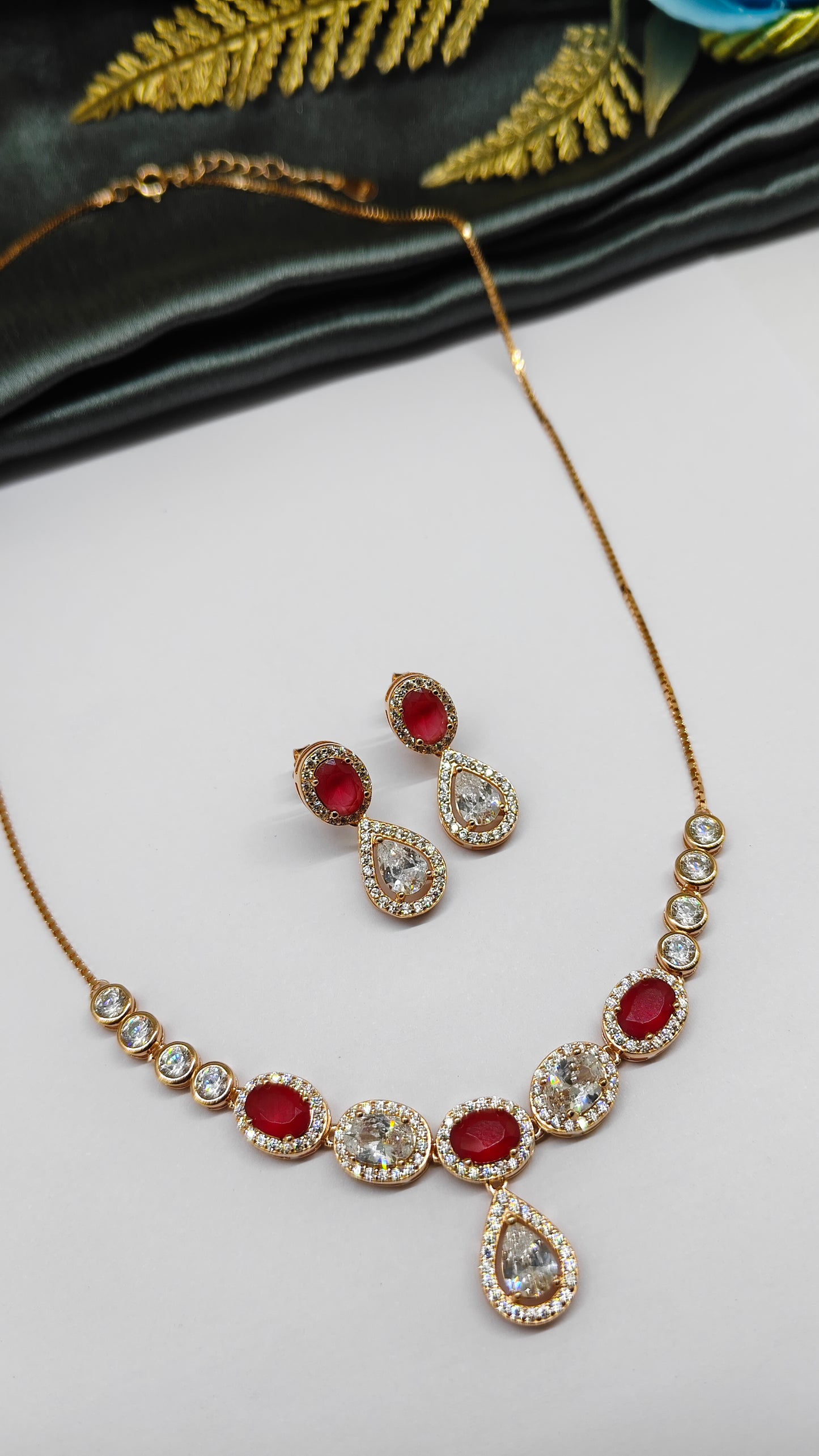 925 Silver Rose Gold Colour Red With White Stone Design Necklace Set