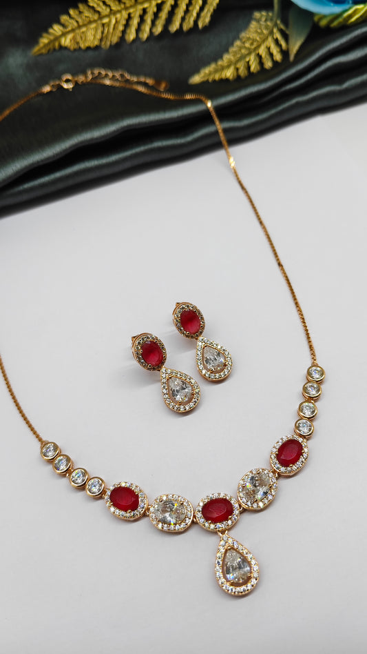 925 Silver Rose Gold Colour Red With White Stone Design Necklace Set