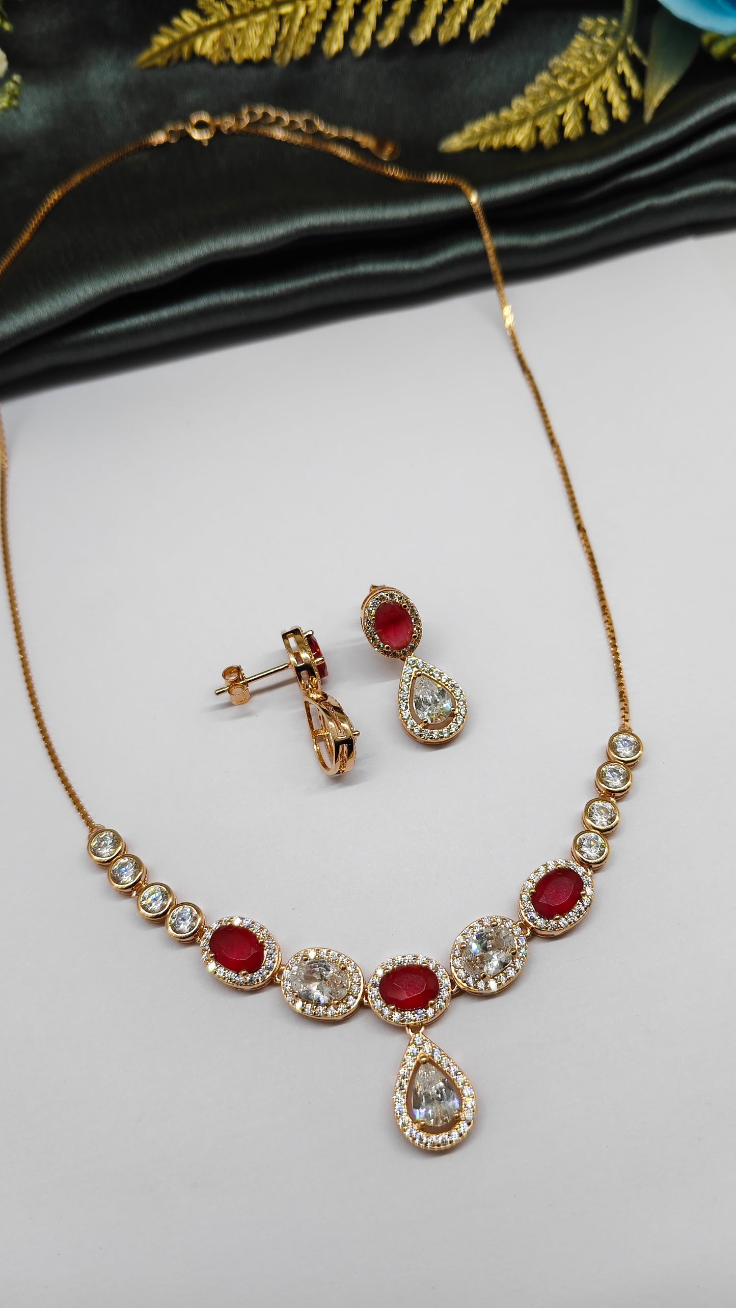 925 Silver Rose Gold Colour Red With White Stone Design Necklace Set