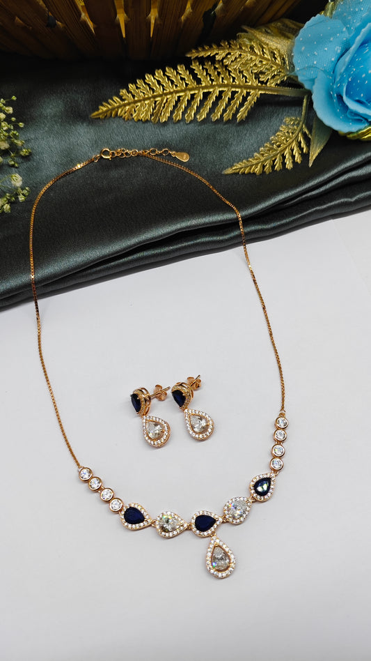 925 Silver Rose Gold Colour Blue With White Stone Design Necklace Set