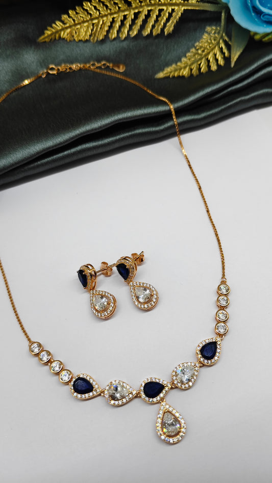925 Silver Rose Gold Colour Blue With White Stone Design Necklace Set
