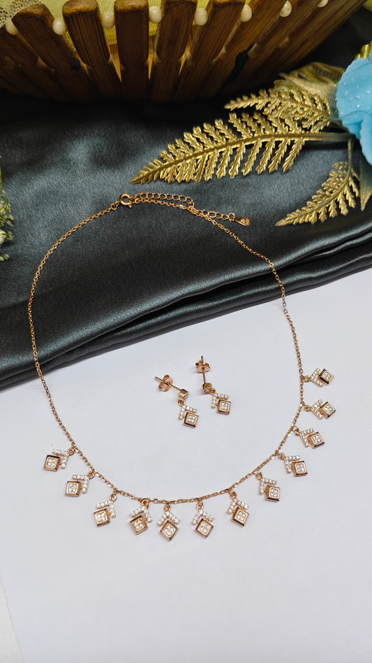 925 Silver Rose Gold Colour Hanging Design White Stone Necklace Set