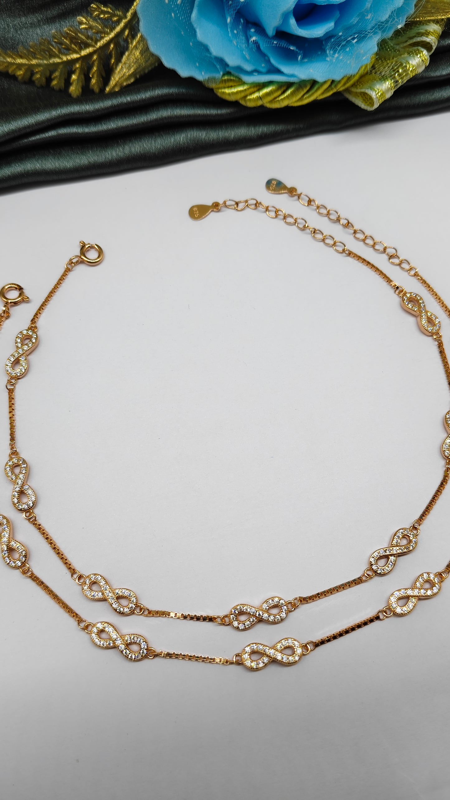 925 Silver Rose Gold Colour 7 Infinity Design With White Stone Anklets