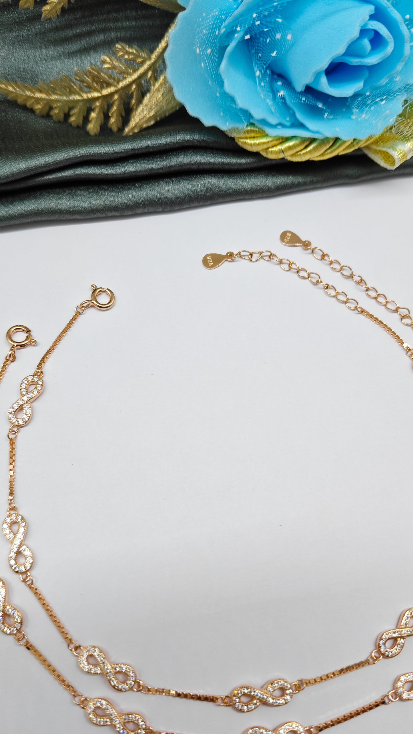 925 Silver Rose Gold Colour 7 Infinity Design With White Stone Anklets