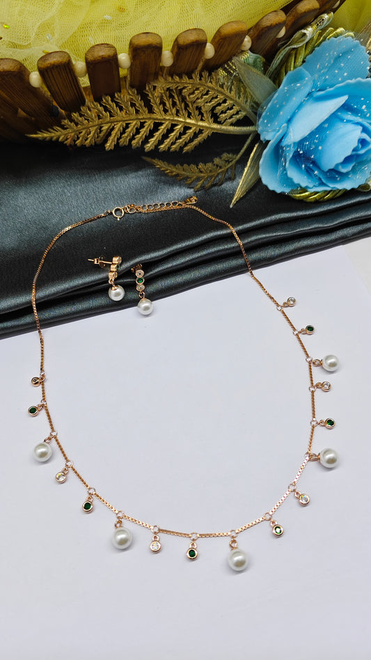 925 Silver Rose Gold Colour Pearl Hanging Charms Design Set With Earring