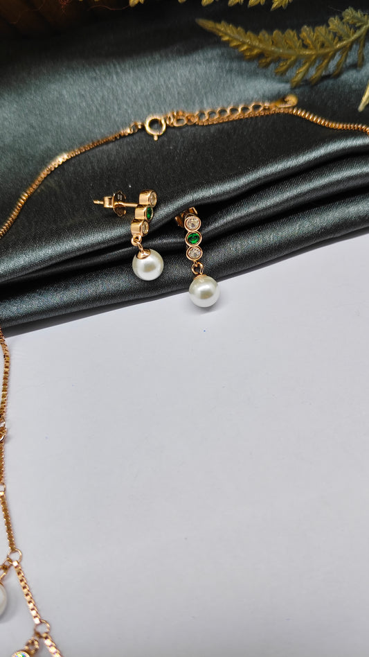 925 Silver Rose Gold Colour Pearl Hanging Charms Design Set With Earring