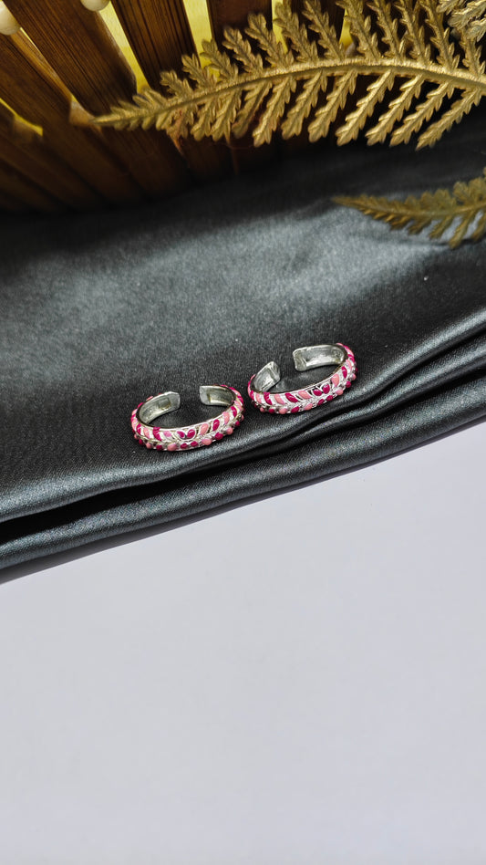 925 Silver Pink Enamel Colour Regular Round Design Toe Rings