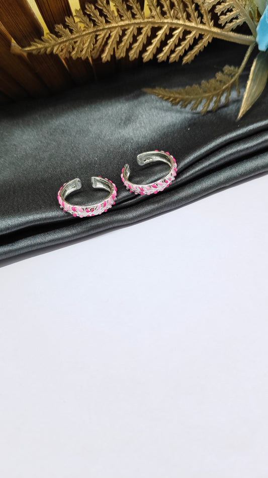 925 Silver Pink Enamel Colour Regular Round Design Toe Rings