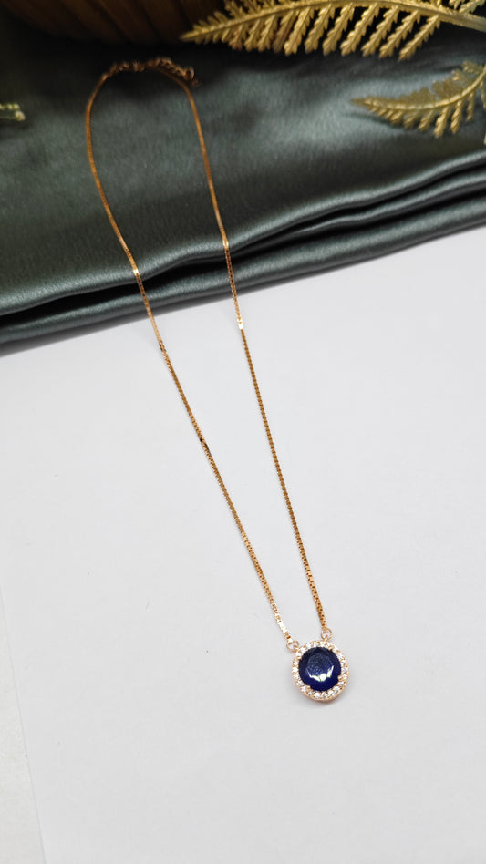 925 Silver Rose Gold Solitaire Design Blue With White Stone Chain Pendent