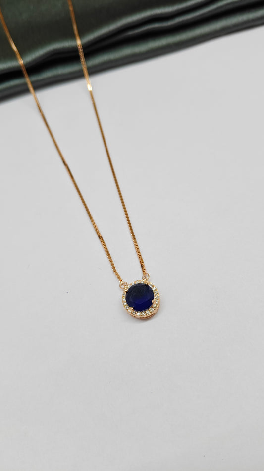 925 Silver Rose Gold Solitaire Design Blue With White Stone Chain Pendent