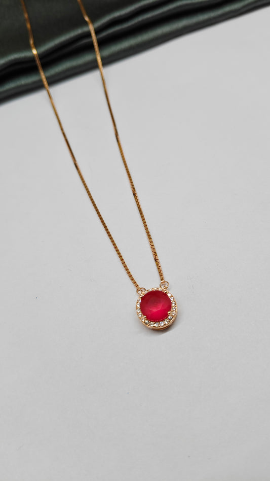 925 Silver Rose Gold Solitaire Design Red With White Stone Chain Pendent