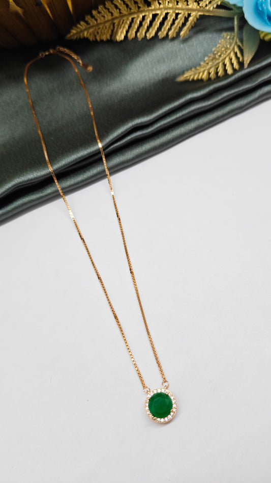 925 Silver Rose Gold Solitaire Design Green With White Stone Chain Pendent