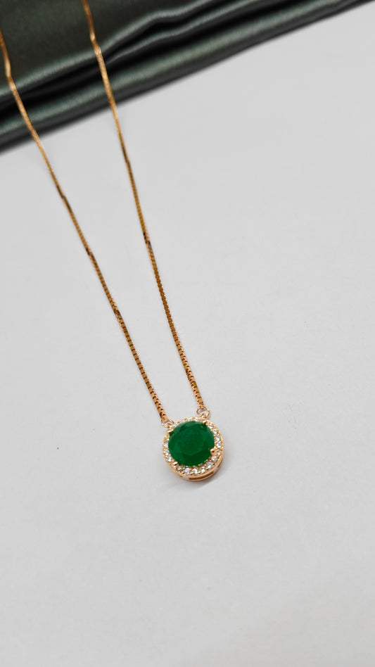 925 Silver Rose Gold Solitaire Design Green With White Stone Chain Pendent