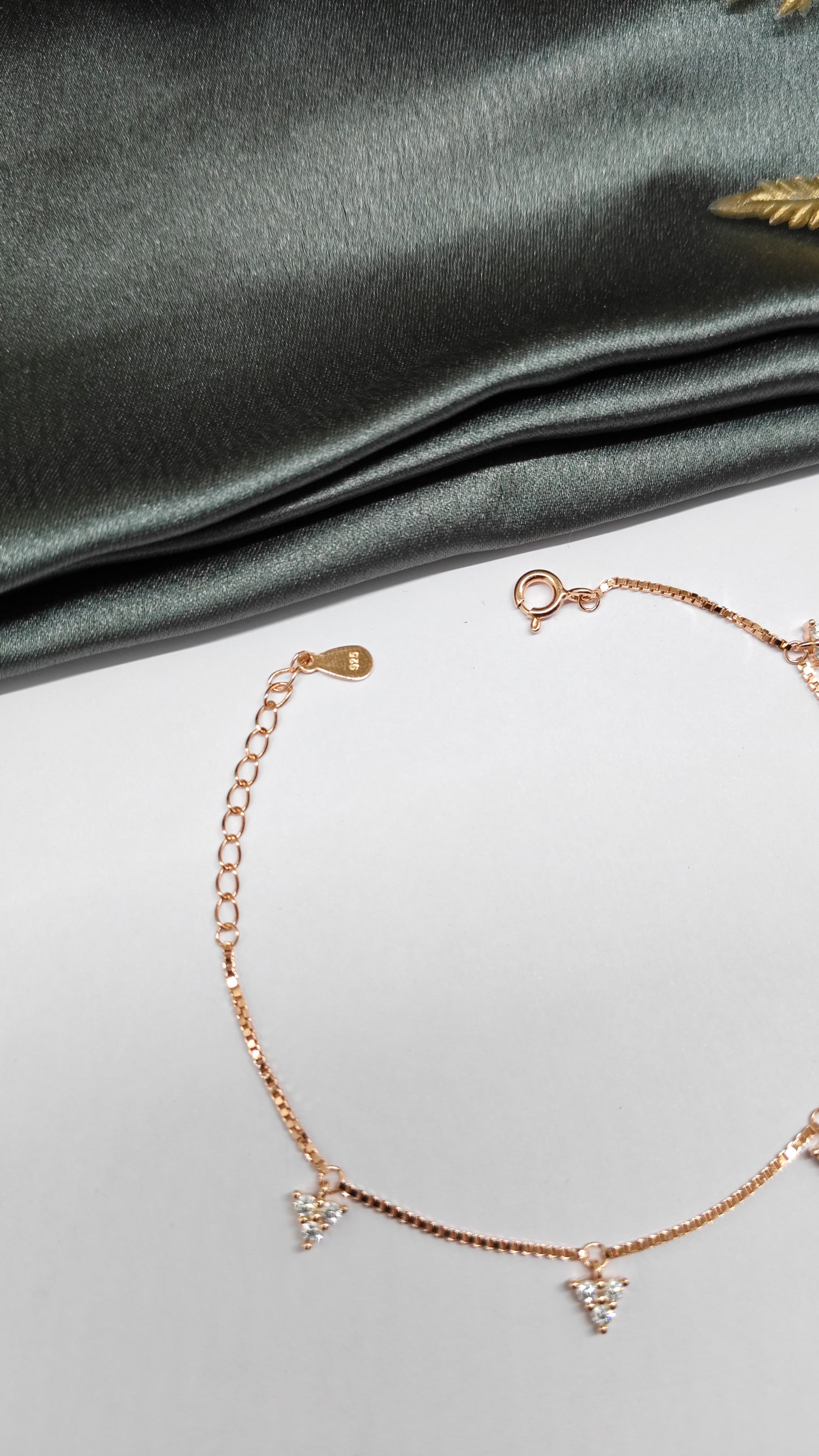 925 Silver Rose Gold Colour Triangle 3 Stone Hanging Design Bracelet