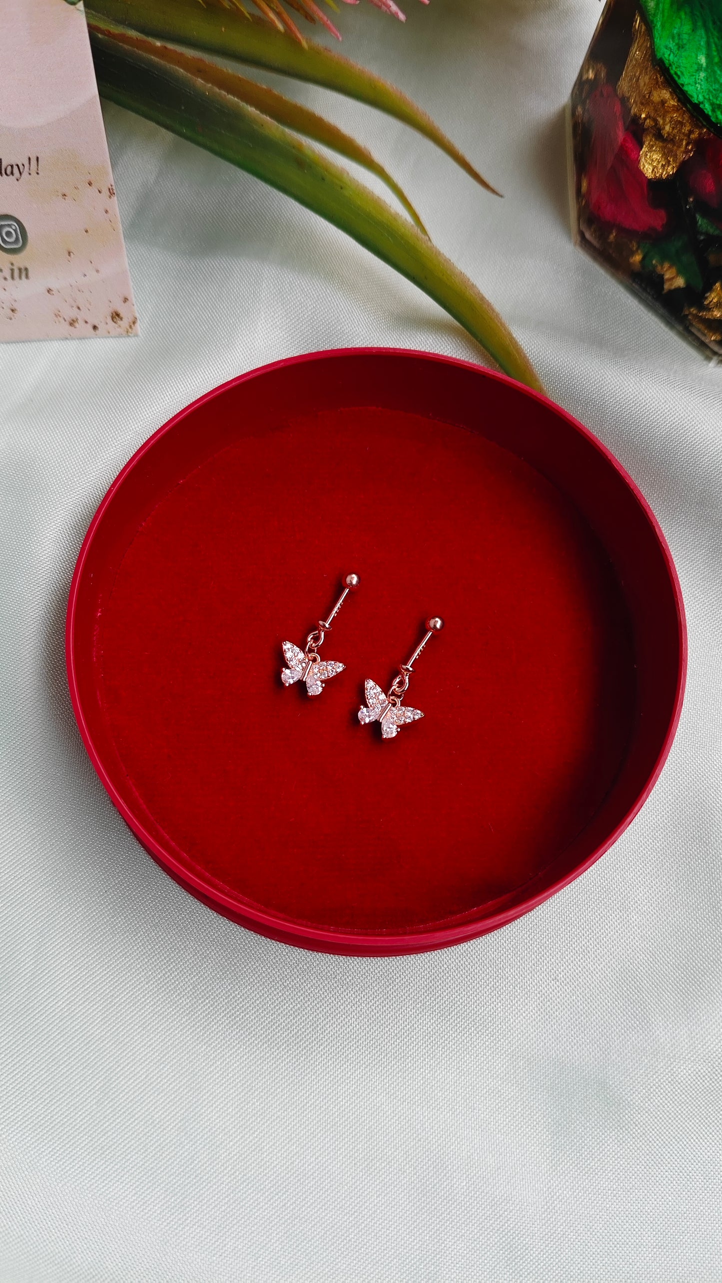 925 Silver Rose Gold Butterfly Hanging Design With White Stone Bugadi Earrings