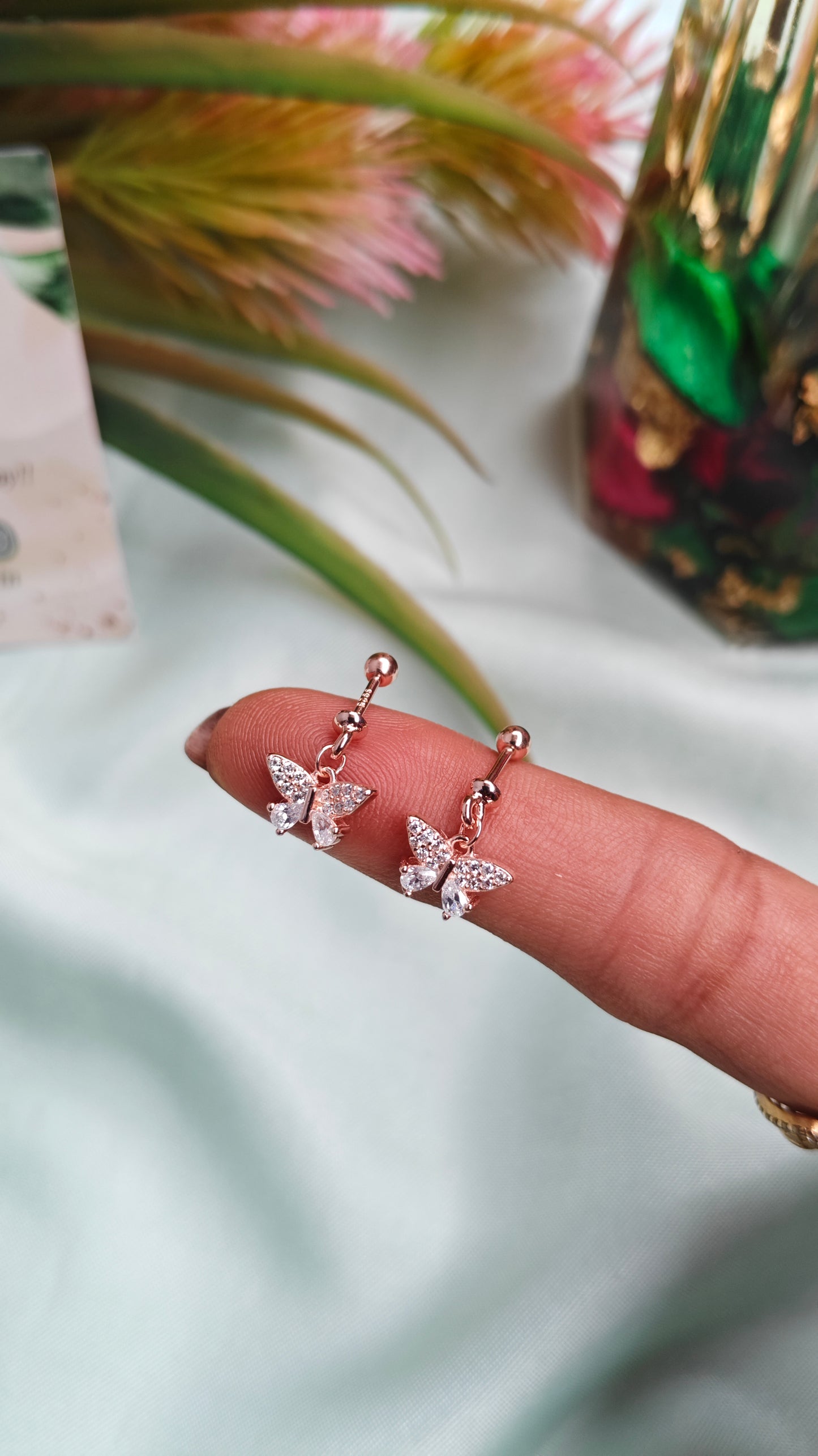 925 Silver Rose Gold Butterfly Hanging Design With White Stone Bugadi Earrings