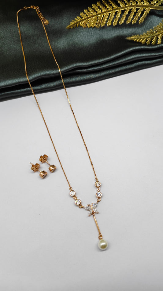925 Silver Rose Gold Colour White Stone With Pearl Hanging Design Necklace Set