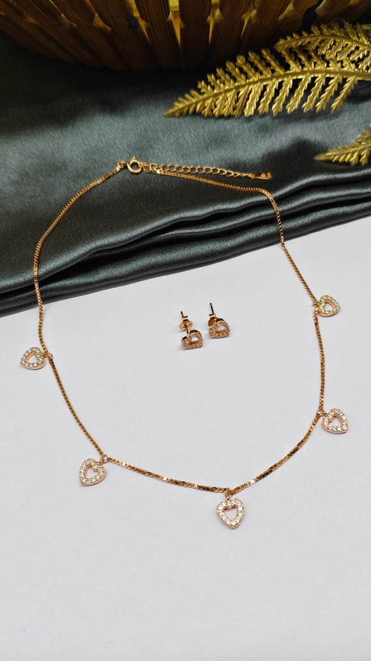 925 Silver Rose Gold Colour White Stone Heart Hanging Design Necklace Set