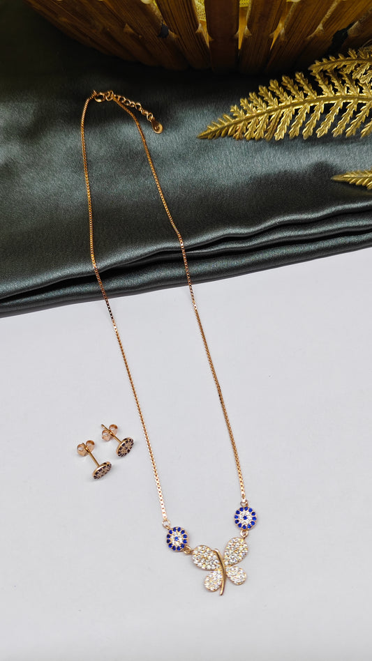 925 Silver Rose Gold Colour White Stone Blue Evil Eye With Butterfly Design Necklace Set