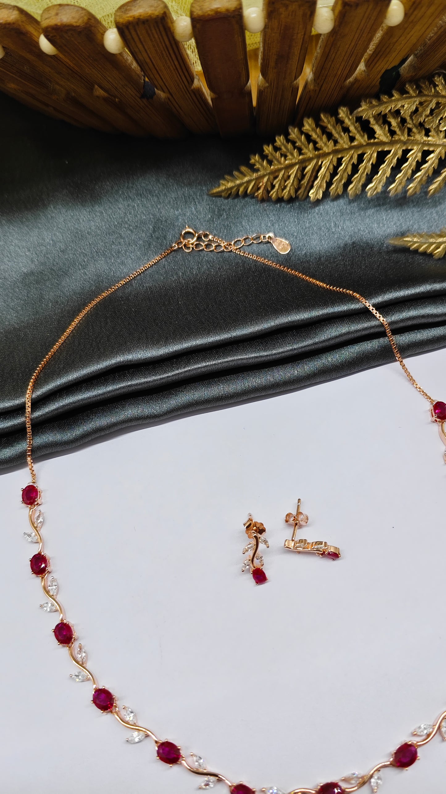 925 Silver Rose Gold Colour White And Red Stone Design Necklace Set