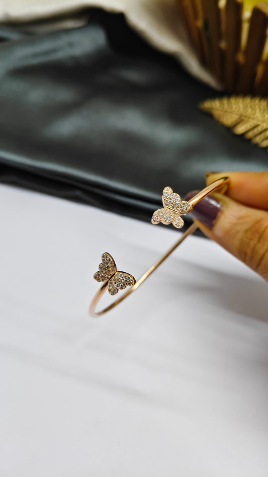 925 Silver Rose Gold Colour 2 Butterfly With White Stone Design Kada