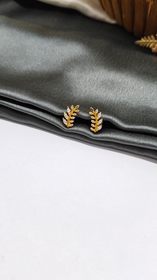 925 Silver Gold Leaf Design White Stone Earrings
