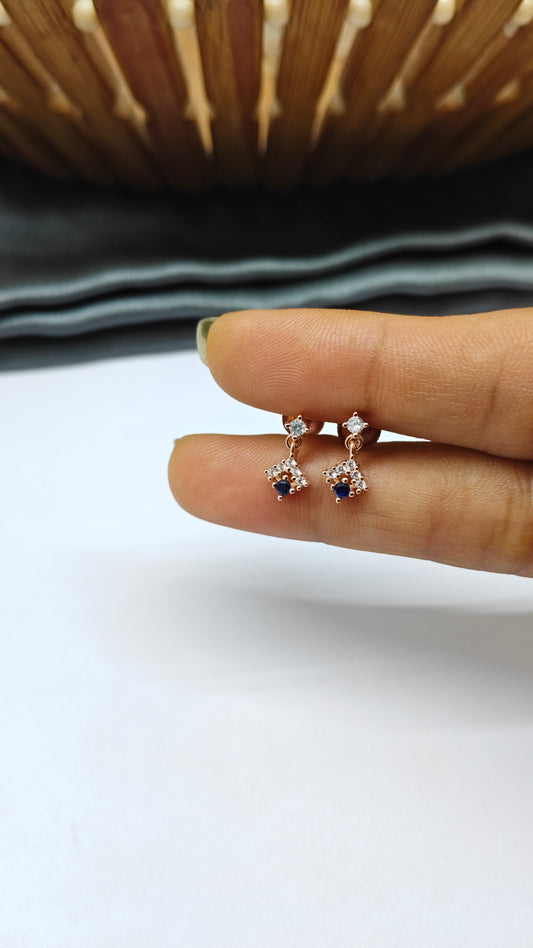 925 Silver Rose Gold Small Blue Stone with 5 White Stone Hanging Earrings
