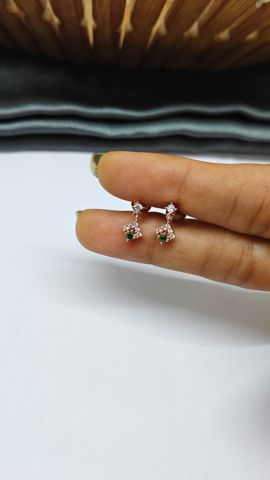 925 Silver Rose Gold Small Green Stone with 5 White Stone Hanging Earrings
