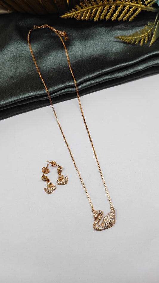 925 Silver Rose Gold Colour White Stone Swan Design Necklace Set